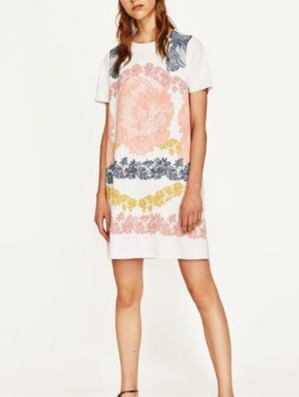 Zara Floral Textured Print Short Sleeve Shift Dress Off-White/Colourful, Sz L
